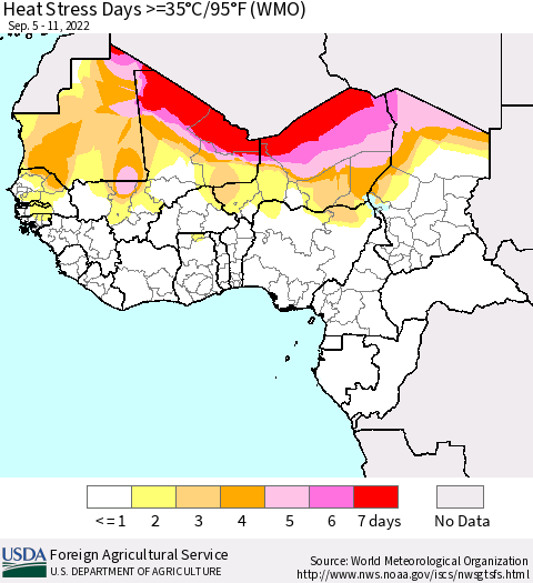 Western Africa Heat Stress Days >=35°C/95°F (WMO) Thematic Map For 9/5/2022 - 9/11/2022