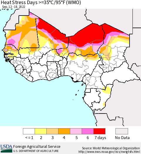 Western Africa Heat Stress Days >=35°C/95°F (WMO) Thematic Map For 9/12/2022 - 9/18/2022