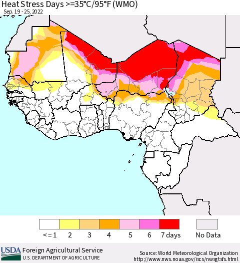 Western Africa Heat Stress Days >=35°C/95°F (WMO) Thematic Map For 9/19/2022 - 9/25/2022