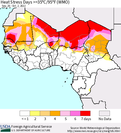 Western Africa Heat Stress Days >=35°C/95°F (WMO) Thematic Map For 9/26/2022 - 10/2/2022