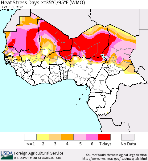 Western Africa Heat Stress Days >=35°C/95°F (WMO) Thematic Map For 10/3/2022 - 10/9/2022