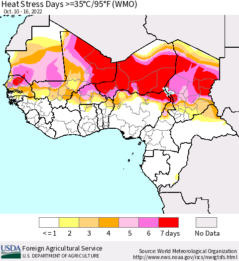 Western Africa Heat Stress Days >=35°C/95°F (WMO) Thematic Map For 10/10/2022 - 10/16/2022