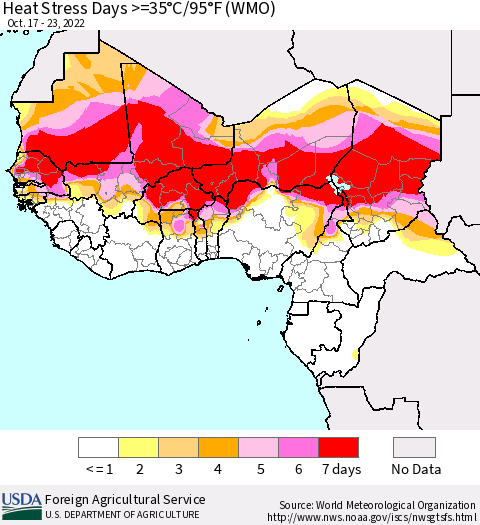 Western Africa Heat Stress Days >=35°C/95°F (WMO) Thematic Map For 10/17/2022 - 10/23/2022