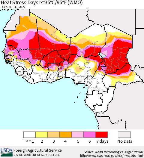 Western Africa Heat Stress Days >=35°C/95°F (WMO) Thematic Map For 10/24/2022 - 10/30/2022