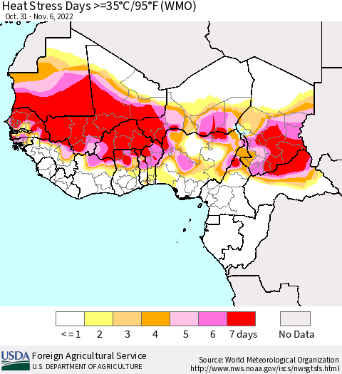 Western Africa Heat Stress Days >=35°C/95°F (WMO) Thematic Map For 10/31/2022 - 11/6/2022