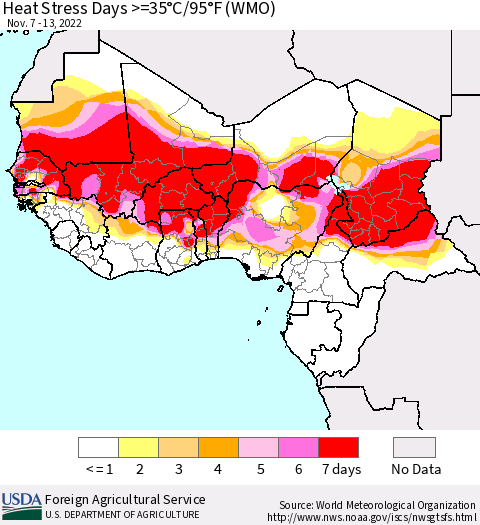 Western Africa Heat Stress Days >=35°C/95°F (WMO) Thematic Map For 11/7/2022 - 11/13/2022