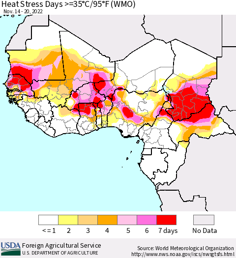 Western Africa Heat Stress Days >=35°C/95°F (WMO) Thematic Map For 11/14/2022 - 11/20/2022