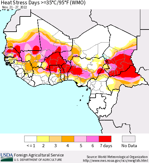 Western Africa Heat Stress Days >=35°C/95°F (WMO) Thematic Map For 11/21/2022 - 11/27/2022