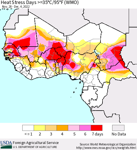 Western Africa Heat Stress Days >=35°C/95°F (WMO) Thematic Map For 11/28/2022 - 12/4/2022