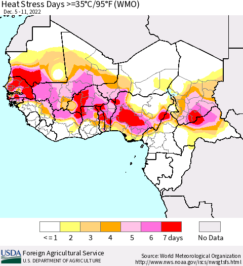 Western Africa Heat Stress Days >=35°C/95°F (WMO) Thematic Map For 12/5/2022 - 12/11/2022