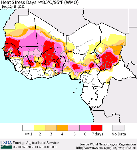 Western Africa Heat Stress Days >=35°C/95°F (WMO) Thematic Map For 12/12/2022 - 12/18/2022