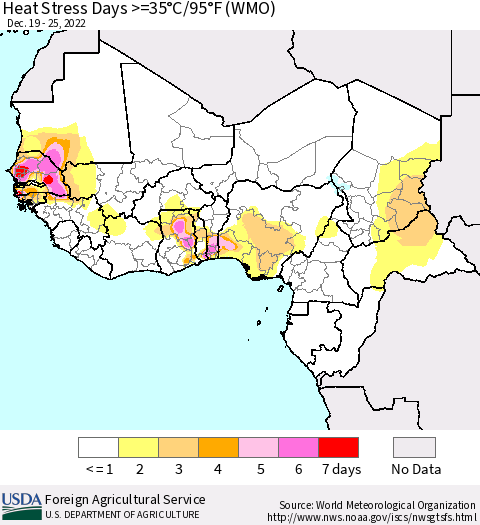 Western Africa Heat Stress Days >=35°C/95°F (WMO) Thematic Map For 12/19/2022 - 12/25/2022