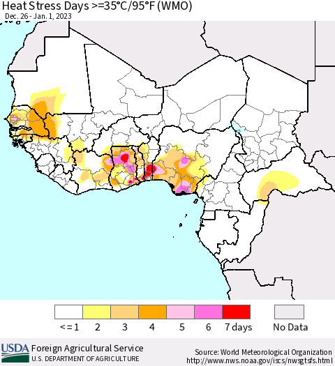 Western Africa Heat Stress Days >=35°C/95°F (WMO) Thematic Map For 12/26/2022 - 1/1/2023
