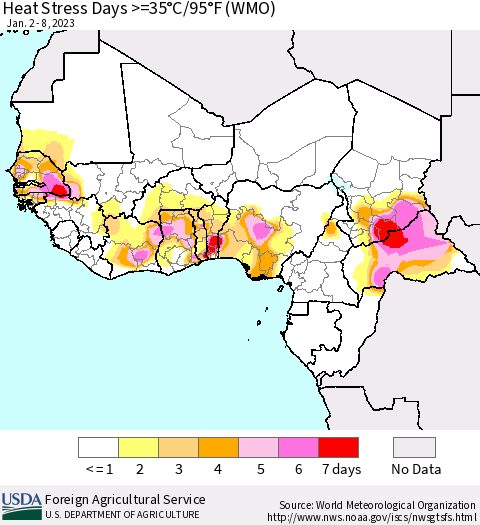 Western Africa Heat Stress Days >=35°C/95°F (WMO) Thematic Map For 1/2/2023 - 1/8/2023