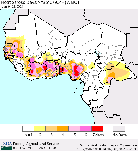 Western Africa Heat Stress Days >=35°C/95°F (WMO) Thematic Map For 1/9/2023 - 1/15/2023