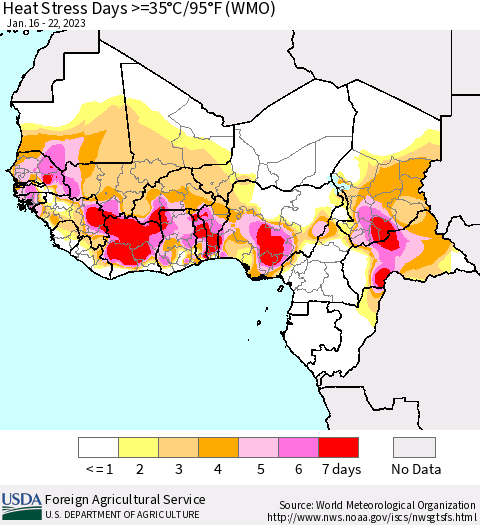 Western Africa Heat Stress Days >=35°C/95°F (WMO) Thematic Map For 1/16/2023 - 1/22/2023