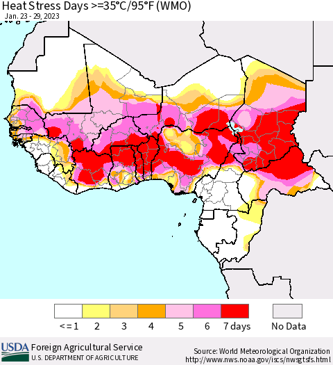 Western Africa Heat Stress Days >=35°C/95°F (WMO) Thematic Map For 1/23/2023 - 1/29/2023