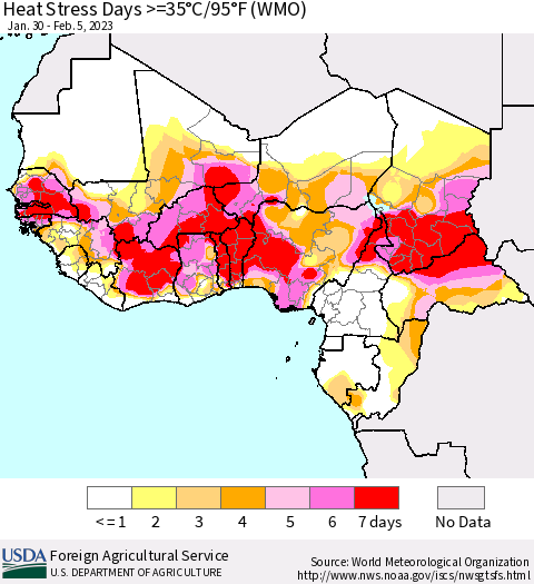 Western Africa Heat Stress Days >=35°C/95°F (WMO) Thematic Map For 1/30/2023 - 2/5/2023