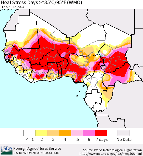 Western Africa Heat Stress Days >=35°C/95°F (WMO) Thematic Map For 2/6/2023 - 2/12/2023