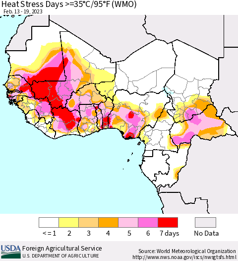 Western Africa Heat Stress Days >=35°C/95°F (WMO) Thematic Map For 2/13/2023 - 2/19/2023