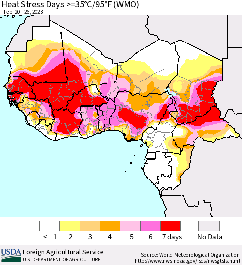 Western Africa Heat Stress Days >=35°C/95°F (WMO) Thematic Map For 2/20/2023 - 2/26/2023