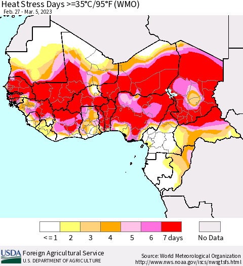 Western Africa Heat Stress Days >=35°C/95°F (WMO) Thematic Map For 2/27/2023 - 3/5/2023