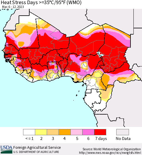 Western Africa Heat Stress Days >=35°C/95°F (WMO) Thematic Map For 3/6/2023 - 3/12/2023
