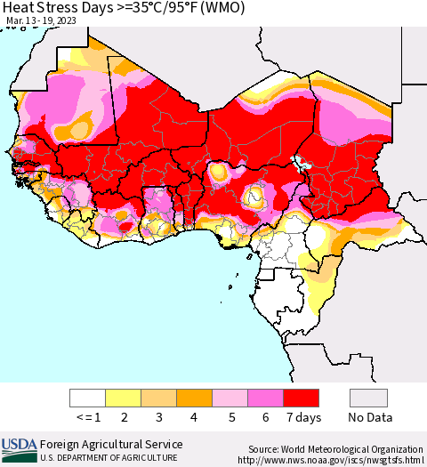 Western Africa Heat Stress Days >=35°C/95°F (WMO) Thematic Map For 3/13/2023 - 3/19/2023