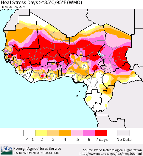 Western Africa Heat Stress Days >=35°C/95°F (WMO) Thematic Map For 3/20/2023 - 3/26/2023