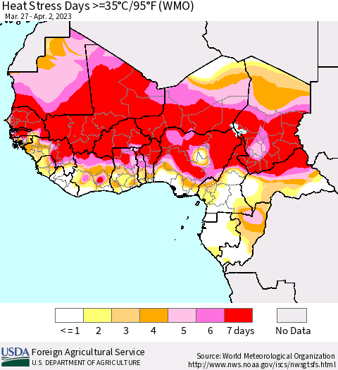 Western Africa Heat Stress Days >=35°C/95°F (WMO) Thematic Map For 3/27/2023 - 4/2/2023