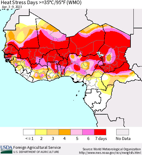 Western Africa Heat Stress Days >=35°C/95°F (WMO) Thematic Map For 4/3/2023 - 4/9/2023
