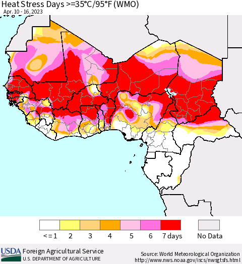 Western Africa Heat Stress Days >=35°C/95°F (WMO) Thematic Map For 4/10/2023 - 4/16/2023