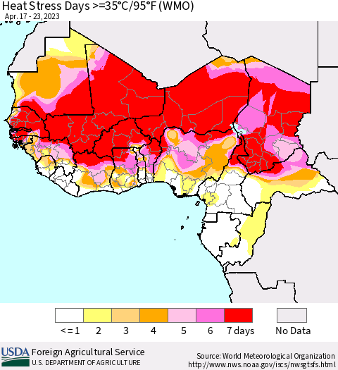 Western Africa Heat Stress Days >=35°C/95°F (WMO) Thematic Map For 4/17/2023 - 4/23/2023