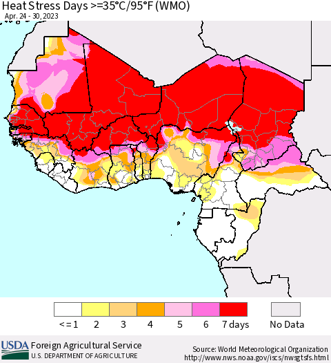 Western Africa Heat Stress Days >=35°C/95°F (WMO) Thematic Map For 4/24/2023 - 4/30/2023