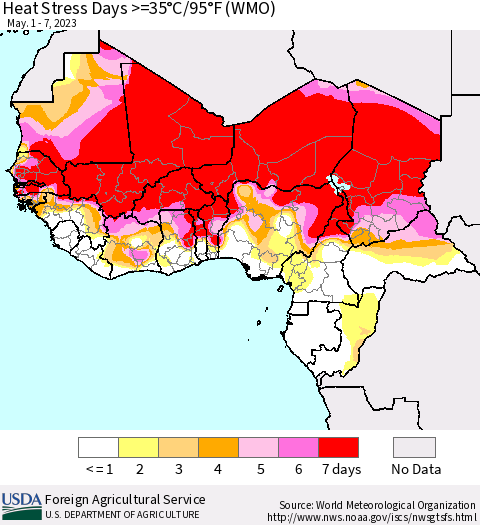 Western Africa Heat Stress Days >=35°C/95°F (WMO) Thematic Map For 5/1/2023 - 5/7/2023