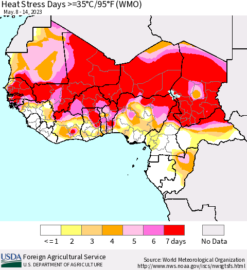 Western Africa Heat Stress Days >=35°C/95°F (WMO) Thematic Map For 5/8/2023 - 5/14/2023