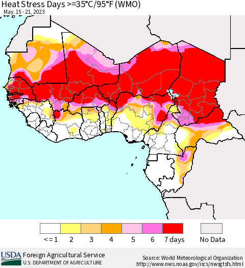 Western Africa Heat Stress Days >=35°C/95°F (WMO) Thematic Map For 5/15/2023 - 5/21/2023