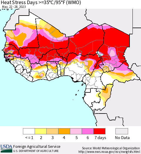 Western Africa Heat Stress Days >=35°C/95°F (WMO) Thematic Map For 5/22/2023 - 5/28/2023