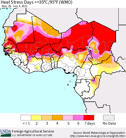 Western Africa Heat Stress Days >=35°C/95°F (WMO) Thematic Map For 5/29/2023 - 6/4/2023
