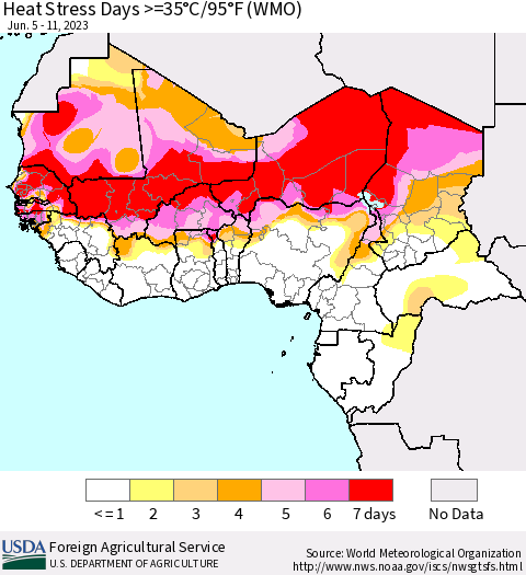 Western Africa Heat Stress Days >=35°C/95°F (WMO) Thematic Map For 6/5/2023 - 6/11/2023