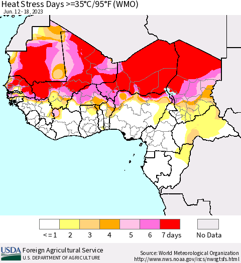 Western Africa Heat Stress Days >=35°C/95°F (WMO) Thematic Map For 6/12/2023 - 6/18/2023