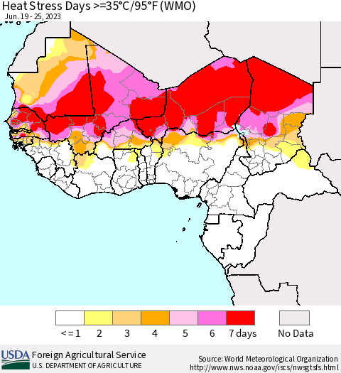 Western Africa Heat Stress Days >=35°C/95°F (WMO) Thematic Map For 6/19/2023 - 6/25/2023