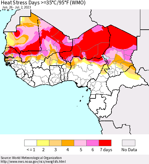 Western Africa Heat Stress Days >=35°C/95°F (WMO) Thematic Map For 6/26/2023 - 7/2/2023