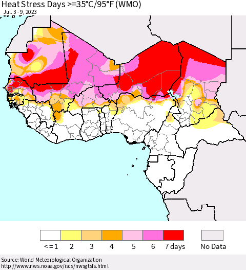Western Africa Heat Stress Days >=35°C/95°F (WMO) Thematic Map For 7/3/2023 - 7/9/2023