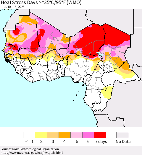 Western Africa Heat Stress Days >=35°C/95°F (WMO) Thematic Map For 7/10/2023 - 7/16/2023
