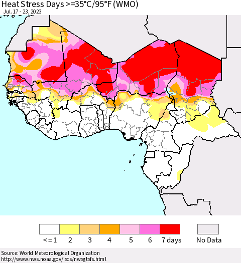 Western Africa Heat Stress Days >=35°C/95°F (WMO) Thematic Map For 7/17/2023 - 7/23/2023