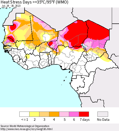 Western Africa Heat Stress Days >=35°C/95°F (WMO) Thematic Map For 7/24/2023 - 7/30/2023