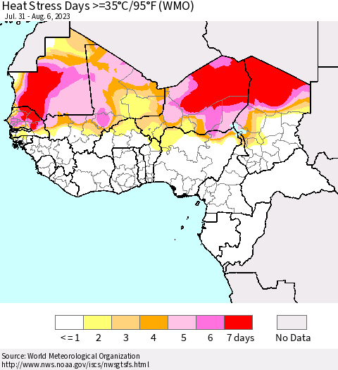 Western Africa Heat Stress Days >=35°C/95°F (WMO) Thematic Map For 7/31/2023 - 8/6/2023