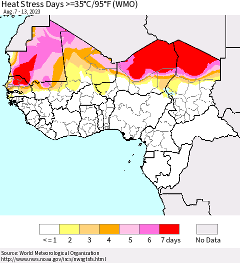 Western Africa Heat Stress Days >=35°C/95°F (WMO) Thematic Map For 8/7/2023 - 8/13/2023