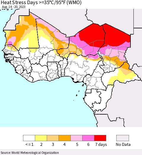 Western Africa Heat Stress Days >=35°C/95°F (WMO) Thematic Map For 8/14/2023 - 8/20/2023
